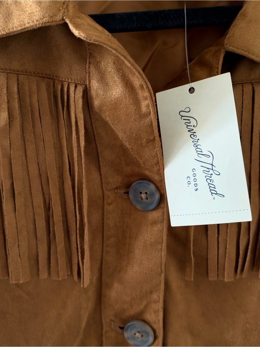 Universal Thread Women’s Tan Brown Western Fringe Faux Suede Button-Front Jacket - Picture 7 of 9
